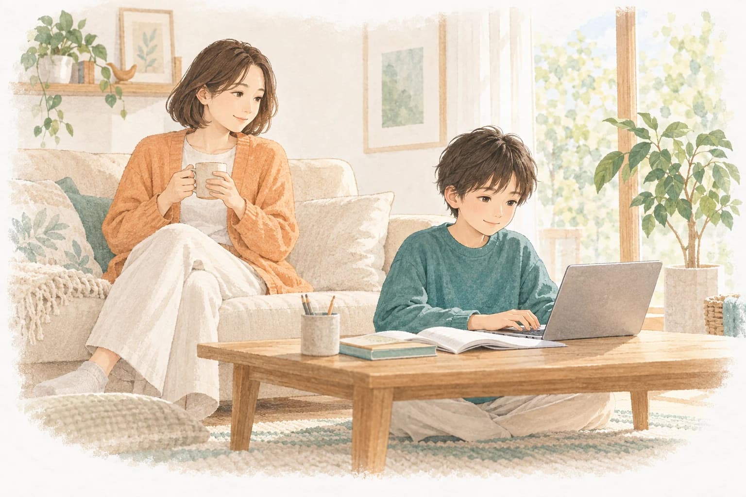 明るい自宅で自分のペースで学ぶ子どもと、隣で穏やかに過ごす保護者