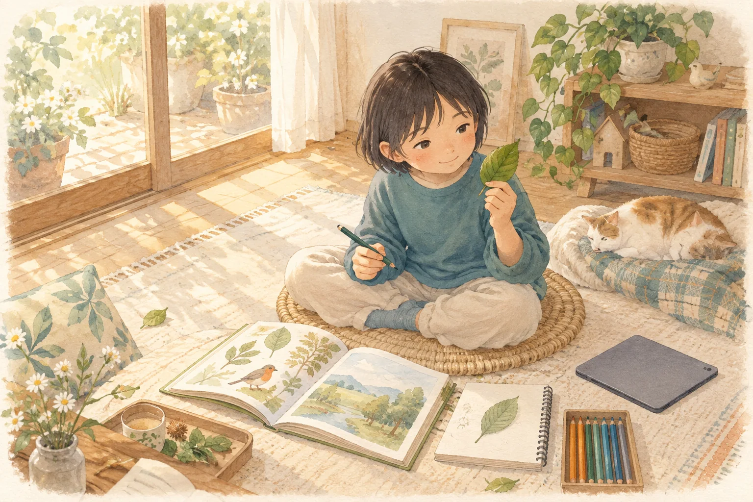 本や絵、タブレットに囲まれ、自分の好きなことから学びを楽しむ子どものイラスト