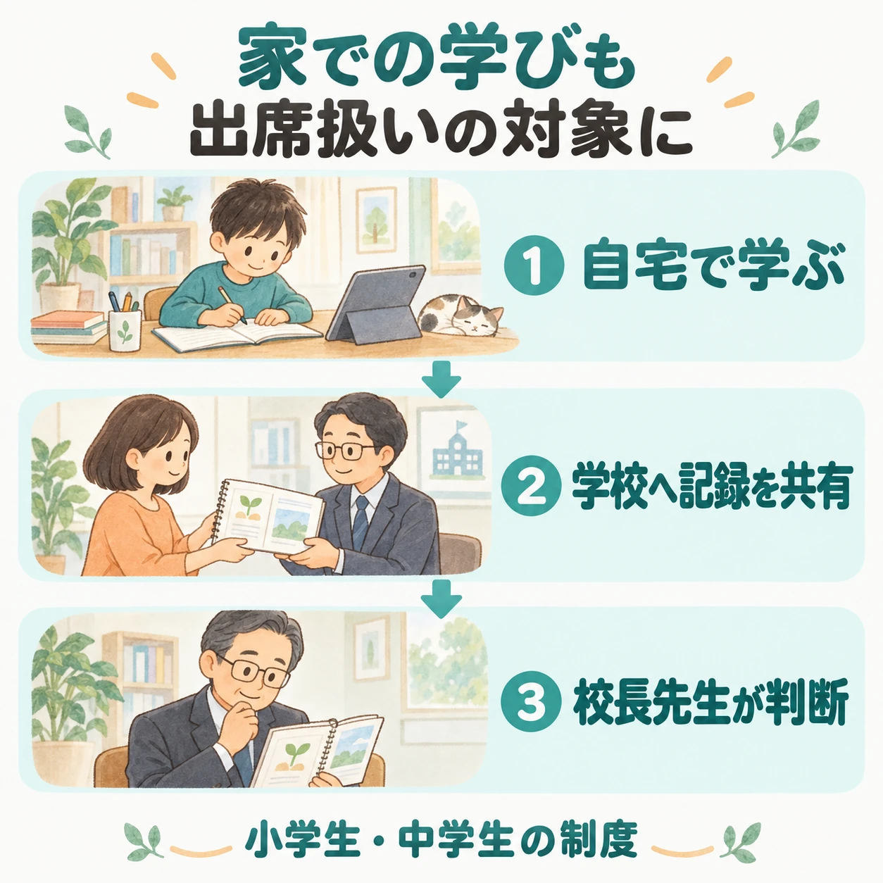 出席扱い制度の仕組み。自宅などでの学習を学校と共有し、校長先生が出席扱いを判断します。対象は小学生・中学生です。