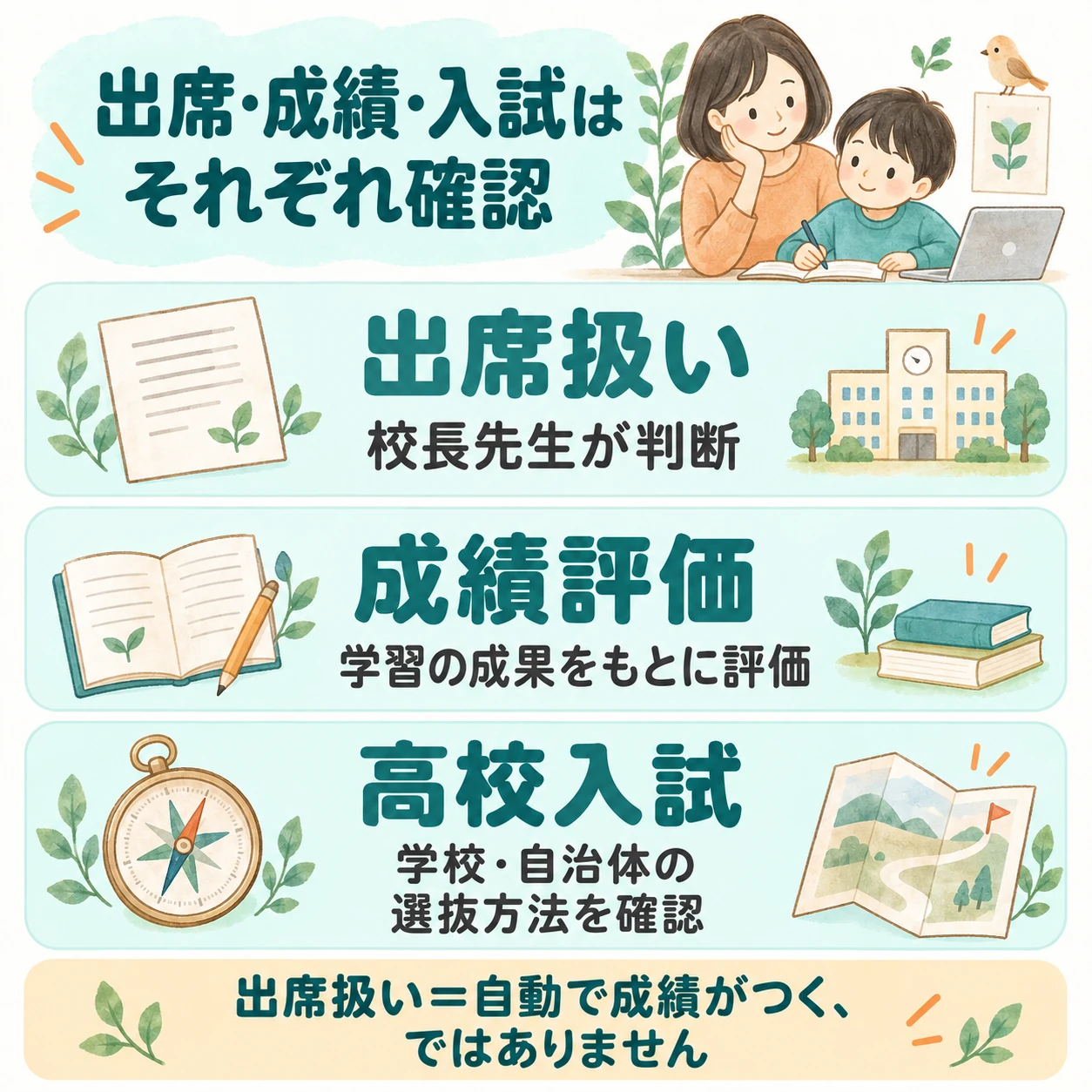 出席扱い、成績評価、高校受験はそれぞれ確認が必要です。学習成果の共有を続け、評価方法を学校に相談し、志望校の選抜方法を調べて備えます。