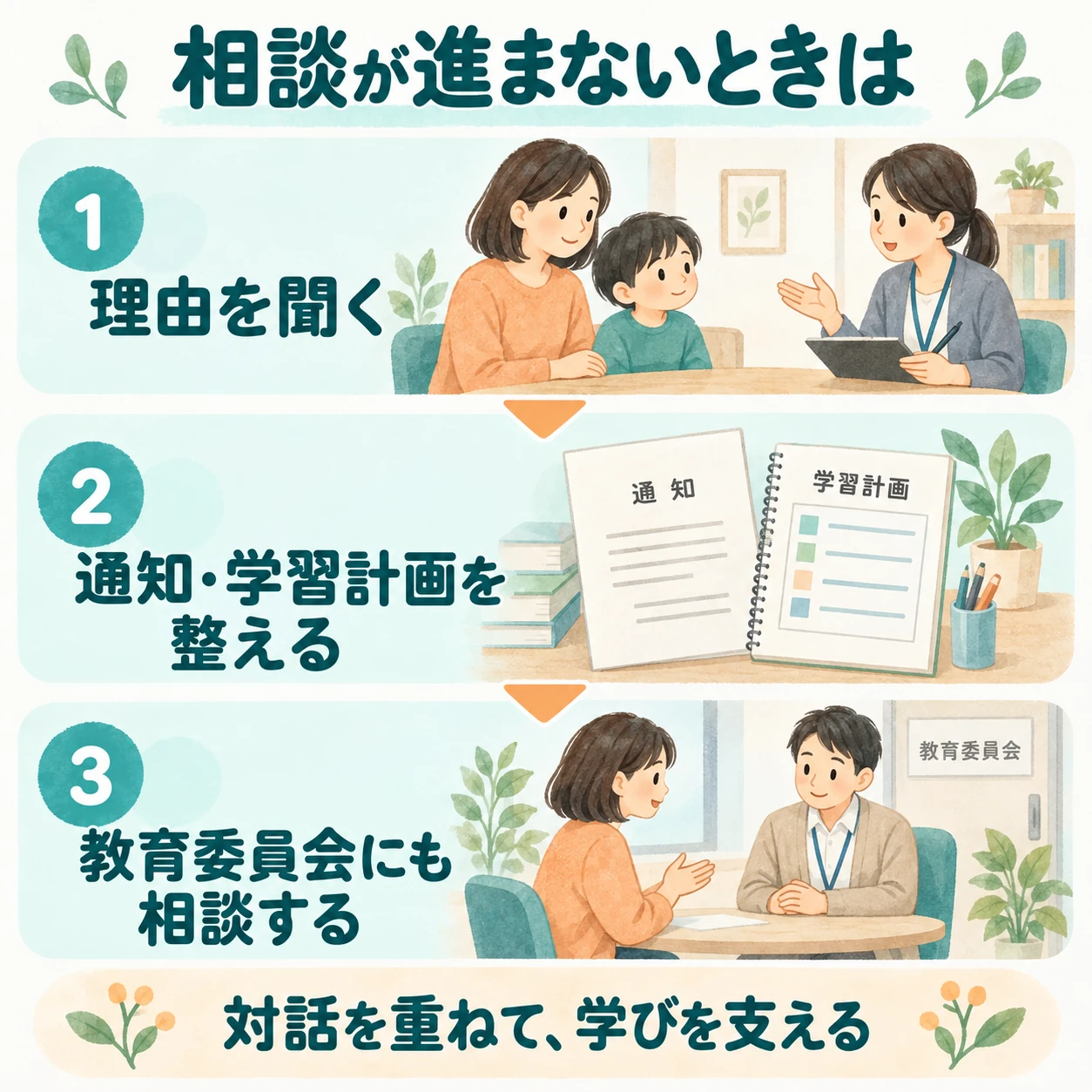 学校との相談が進まないときの対応。理由を確かめ、制度の資料と学習計画を整えて再相談し、必要に応じて教育委員会にも相談します。