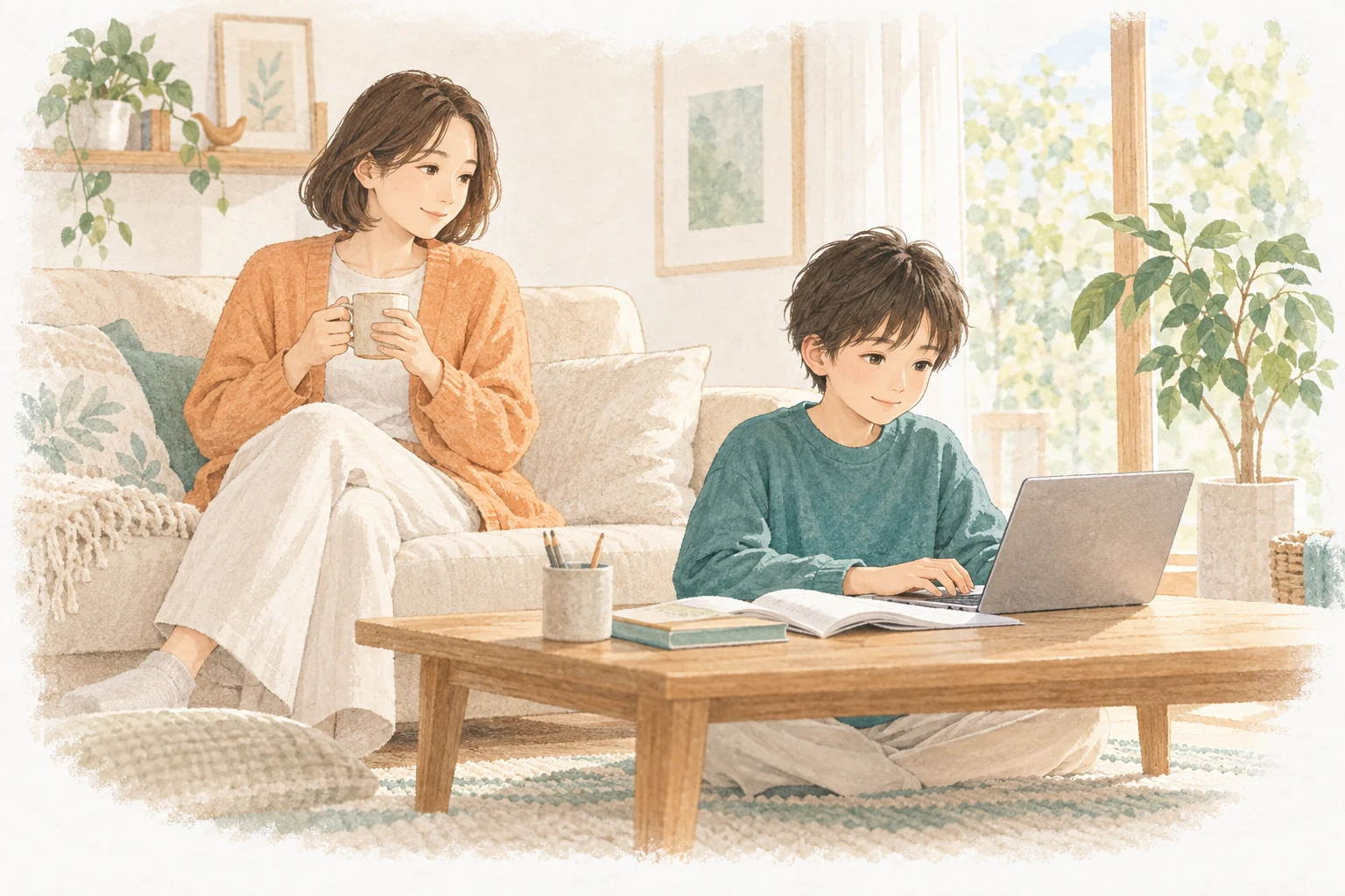明るい自宅で自分のペースで学ぶ子どもと、隣で穏やかに過ごす保護者